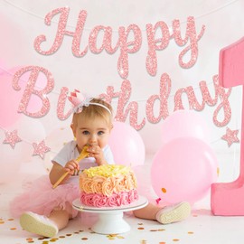 Blopee Pink Happy Birthday Banner for Women/Girl Birthday Party Decorations Glitter Star Birthday Garland Banner Sign
