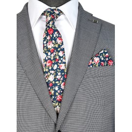 ZENXUS Mens Cotton Skinny Floral Green Tie Combo Set with Pocket Square