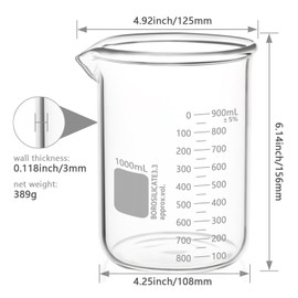 Aeseusia Heavy Duty Beaker, 1000ML Glass Beaker White Double Scale Graduation, Borosilicate 3.3 Glass Lab Beaker, Low Form Griffin Glass Measuring Beaker, 1 Each (1000ML)