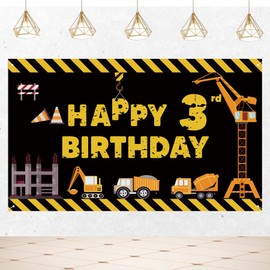 Joyiou Construction Theme Happy 3rd Birthday Decorations Backdrop Banner for Boy Kids, Three Years Old Yellow Black Dump Truck Birthday Party Excavator Crane Sign Supplies Photo Booth Props (5* 3 ft)