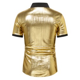 BEDJIMI Mens Metallic Shiny Short Sleeve Shirts 70s Disco Gold Silver Button Down Shirts Nightclub Outfits Costume