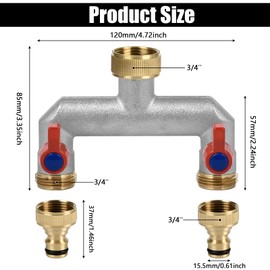 3/4 Inch 2 Way Brass Tap Splitter, Hose Tap Splitter Connection with 2 Individual Valves On/Off and Two Quick Connector for Garden Kitchen Faucet Watering System
