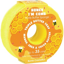 Bomb Cosmetics Body Buffer Soap Sponge 2 in 1 Cleansing Scrub Moisturizing Triple Butter Soap Sponge with Soap Inside, Honey I'm Comb