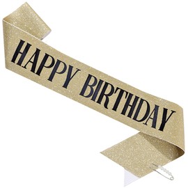 LATFZ 'HAPPY BIRTHDAY' Sash with Pearl Pin - Glitter Sash for Women - Happy Birthday Sash for Girls (Gold Black, Large)