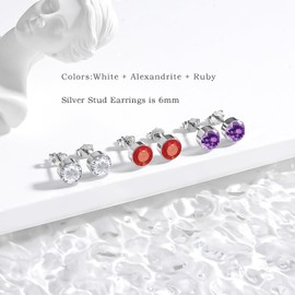 Loutade Silver Studs Earrings for Women, 3 Pairs 925 Sterling Silver Stud Earrings Set with Cubic Zircon, Hypoallergenic 6mm CZ Small Cartilage Silver Sleeper Stud Earrings Gift for Xmas Birthday