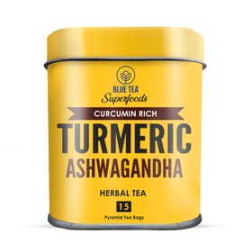 BLUE TEA - Turmeric Tea - Ashwagandha - 15 Count - Plant Based Tea Bag | CURCUMIN RICH - HERBAL BLEND | Herbal Tea - Caffeine Free - Non-GMO - Vegan - Gluten Free - No Sugar | Reusable Tin Pack