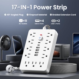 5 Ft Braided Surge Protector Power Strip Flat Extension Cord with 11AC Outlets, 4 USB and 2 USB C Ports, Chiefway Multi Plug Wall Outlet Extender Portable for Home Office Dorm Travel