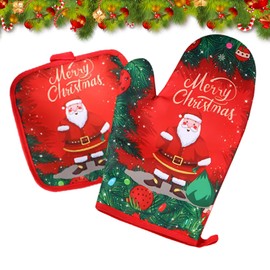 2 Pieces Christmas Oven Gloves and Pot Holders Modern Christmas Pot Holder Glove Set Santa Pattern Heat Resistant Cotton BBQ Gloves for Cooking Grilling (Red)