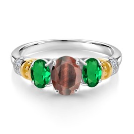 Gem Stone King 925 Sterling Silver and 10K Yellow Gold Oval Red Tiger Eye Green Nano Emerald and White Diamond 3 Stone Ring For Women (2.08 Cttw, Gemstone Birthstone, Available In Size 5, 6, 7, 8, 9)