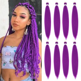 Purple Braiding Hair 24 Inch 8 Packs Braiding Hair Pre Stretched Braiding Hair For Twist Or Box Braids Pre Stretched Braiding Hair For Crochet Braids Hot Water Setting Soft Yaki Texture(24Inch,Purple)