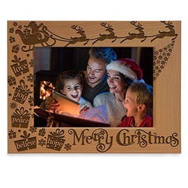 KATE POSH Merry Christmas Love Peace Joy Believe Hope, The Magic of Christmas Family Picture Frame. Santa, Reindeer and Sleigh Decor. Engraved Natural Wood Photo Frame (4x6-Horizontal)