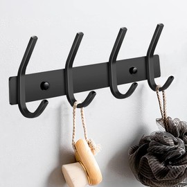 JOLY FANG Coat Hooks Wall Black Stainless Steel Hook Rack Coat Rack for Wardrobe Bathroom Kitchen (Black, 4 Hooks - 2 Pieces)
