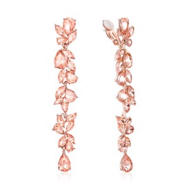 Crysdue Clip On Earrings for Women Rhinestone Crystal Teardrop Cluster Wedding Bridal Non Pierced Long Dangle Earring for Prom Party Champagne Rose Gold-Tone