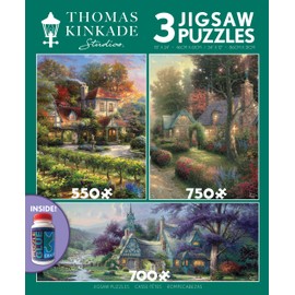 Ceaco - 3 in 1 Multipack - Thomas Kinkade - Clocktower Cottage - (1) 550 Piece, (1) 750 Piece, (1) 700 Piece Panoramic Jigsaw Puzzle