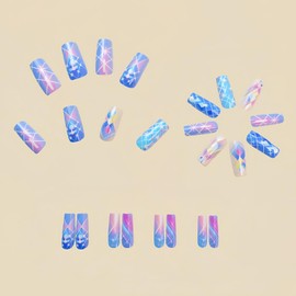 Coffin Press on Nails Medium Length Fake Nails Diamond Grid Stick on Nails Blue Gradient Acrylic Glue on Nails Glossy Shiny Full Cover Artificial Stick on Nails Spring Summer False Nails for Women