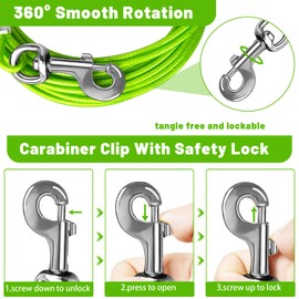 HaiYUAN Dog Tie Out Cable 10/15/20/25/30 FT Runner for Yard Steel Wire Cable with Durable Superior Clips Green Chains for Outside Dog Lead for Large Up to 165 Lbs