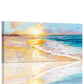Ocean Wall Art for Living Room, Beach Canvas Wall-Decor for Bedroom, Sunset Picture Print for Home, Size 48x24 Inches