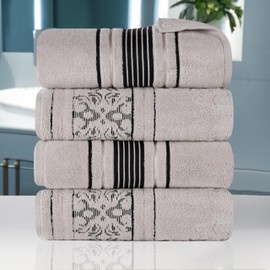 Superior Cotton Bath Towel Set, Large Plush Absorbent Body Towels, Luxury Soft Quick Drying, Shower, Spa, Hotel, Pool, Guest Bathroom, Home Essentials, Zero Twist, Assorted Floral Set of 4, Platinum