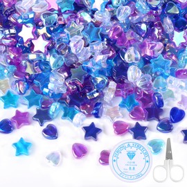 JIANGZHIB Pack of 800 Heart Beads and Star Beads, Acrylic Star Beads with 1 Roll of 0.8 mm Ribbon and Scissors, Transparent Colourful Beads for Threading, Craft Beads for Threading for Necklaces,