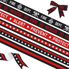 YKW 6 Pack Fire Department Ribbon, Thin Red Black Line Decorative Ribbon Set - 3/8 Inch x 3 Yards Each, Firefighter Support Grosgrain for Fire Rescue Memorial Gift Wrapping Patriotic Star Crafts