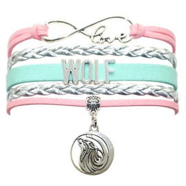 HHHbeauty Wolf Bracelet - Leather Infinity Love, Unisex, Adjustable Pink Silver and Mint Green
