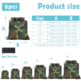 ACTOYS wasserdichte Trockenbeutel Set, 6 Stück wasserdichte Aufbewahrungsbeutel, 1,5/2,5/3/3,5/5/8L Dry Bag Rucksack, Leicht Outdoor Trockener Sack für Camping, Schwimmen, Bootfahren (Grüne Tarnung)