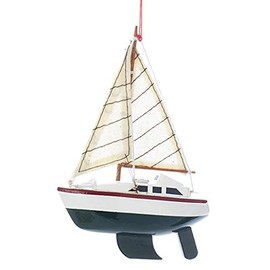 Wooden Yacht - Sailboat Christmas Ornament, 4 inches, Green Hull