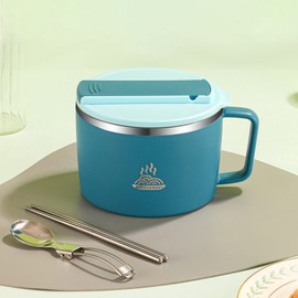 Ramen Bowl Set 1200ML, Stainless Steel Ramen Bowl with Lid and Handle, Anti-Scald, Slot Design, Convenient Cooking, Versatile, Portable (Blue)