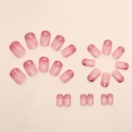 Pink Gradient Square Press on Nails Short, False Nails With Glitter Designs Pink Full Cover Fake Nails Glossy Glue on Acrylic Nails for Women 24 Pcs