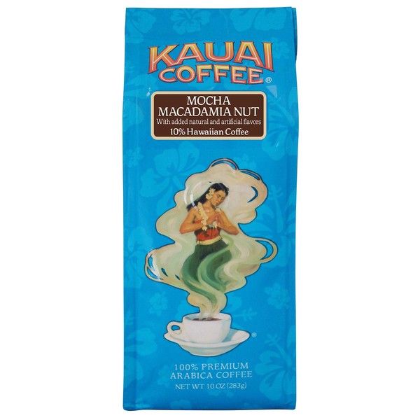 Kauai Hawaiian Ground Coffee, Mocha Macadamia Nut Flavor (10 oz Bag) - 100% Premium Gourmet Arabica Coffee from Hawaii's Largest Coffee Grower - Bold, Rich Blend
