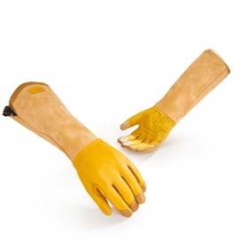 VGO 1 Pair Puncture-Proof Gardening Gloves for Thorn Protection - 10"Gauntlet Cowhide Armor, Touchscreen Compatible, Shock-Absorbing Grip - Heavy Duty for Rose Pruning,Ranch(1Pair/L/Golden/CA1013-UN)