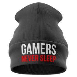 Purple Print House Gifts for Gamers - Gamers Never Sleep Funny Beanie Hat - Gamer Gifts Gifts for him Gaming Gifts (Black)