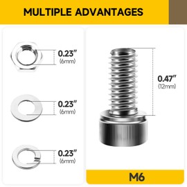 Mywish (25Sets) M6 Bolts, M6 x 12mm Socket Head Cap Screws Bolts, 304 Stainless Steel Allen Socket Hex Drive Screws, Bright Finish M6 Screw Kit with Nuts and Washers & Hex Spanner