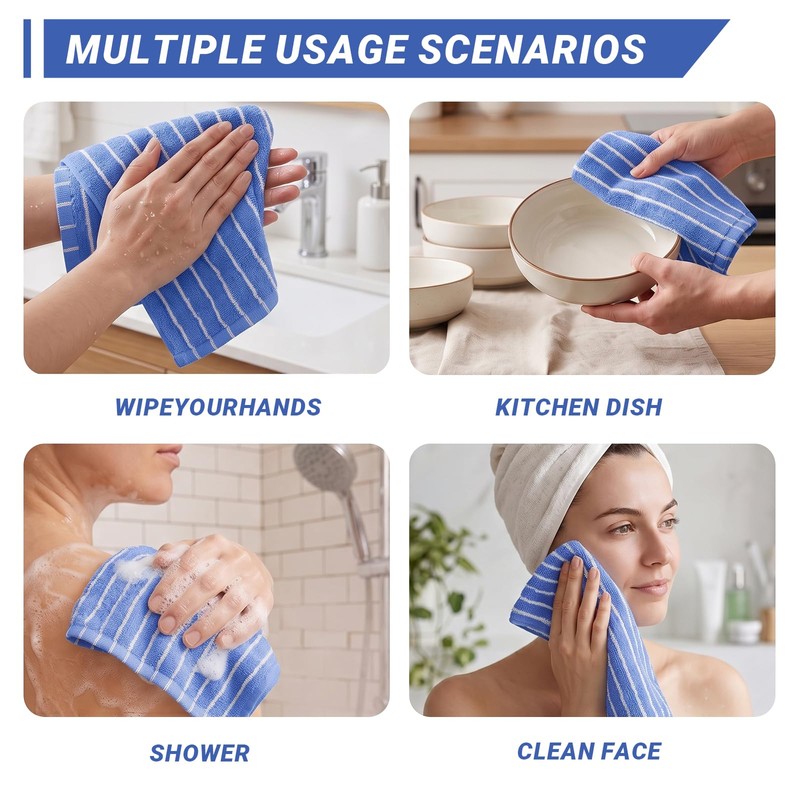 Blue White Stripe Hand Towels 4 Pack, 14.6x14.6 Inch Cotton