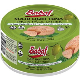 Sadaf Solid Light Tuna in Extra Virgin Olive Oil - Canned Tuna in Olive Oil for Cooking and Food Flavoring - Easy Open 6 Oz Can