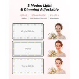 JOYTUTUS JOYTUTUS Car Sun Visor Vanity Mirror, Car Vanity Mirror With Lights, Makeup Mirror with 3 Light Modes & 60 LEDs, Rechargeable Car Mirror Dimmable Touch Control Travel Makeup Mirror for Car Truck SUV