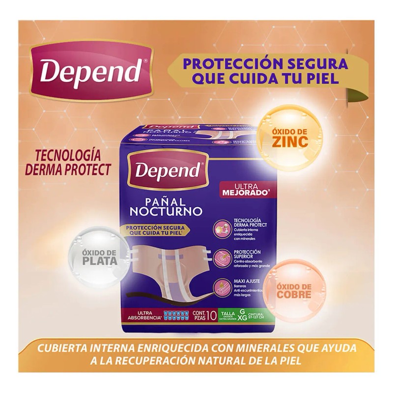 Pañales Nocturnos Para Adulto Depend Grande 10 Piezas