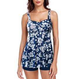 FLYILY Women 2 Pieces Tankini Sets Twist Front Tankini Top with Boyshorts Tummy Control Swimwear Floral Bathing Suit(WhiteFlower,XL)