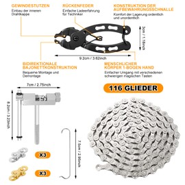 Bicycle Chain 6/7/8 Speed Chain Breaker and Chain Tester Chain Tensioner Bicycle Chain Tool 116 Links 1/2 x 11/128 Inch with Chain Lock Pliers Chain Remover and 6 Pairs Chain Lock