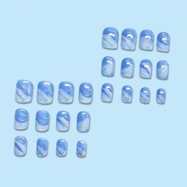 Short Press on Nails Square Fake Nails with Glitter Designs Ombre Blue Nails Press ons Summer Glue on Nails Cute Acrylic Nails Natural False Nails Artificial Stick on Nails for Women 24Pcs