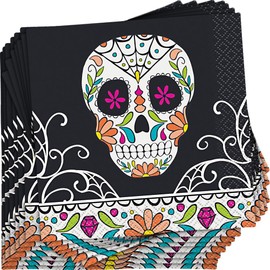 Vibrant Multicolored Skull Day of the Dead Beverage Napkins - 24ct - Perfect for Festive Celebrations