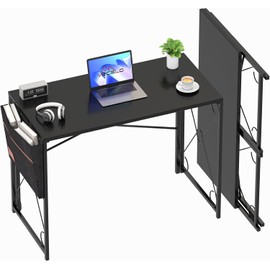 VECELO Folding Desk with Storage Bag 39 Inch Writing Desk Home Office Sturdy Steel Laptop Table for Home Office Work Dark Black