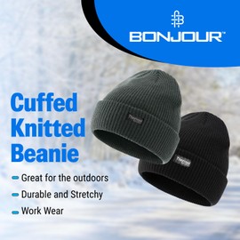 Bonjour - 2 Pack Classic Cuffed Beanie Hats - Thermal Winter Warm Insulated Beanie Hats for Men Women Classic Slouch Knit Soft Hat Stretchy Beanies Black Charcoal