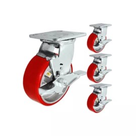 Caster HQ 5" X 2" Set of 4 Swivel Casters With Brakes - Red Polyurethane Wheel - 4,000 Lbs
