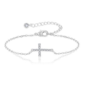 Cross Bracelet for Women 18k White Gold Plated Stainless Steel Cubic Zirconia Cross link Bracelet Dainty Simple Chain Bracelet Easter Christian Baptism Religious Faith Jewelry Gift for Her