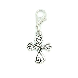 JewelleryJoy Filigree Cross Religious Sign Clip On Lobster Clasp Charm in Organza Gift Bag