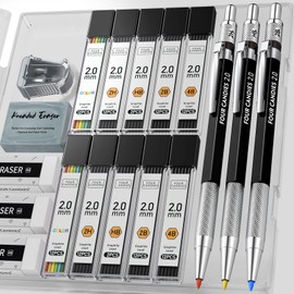 FourCandies 3PCS 2MM Mechanical Pencils with case, Artist Lead Pencil Metal Lead Holder with 120 Graphite Lead Refills(HB 2H 2B 4B Color), 4 Erasers, Sharpener, Drafting Pencil for Drawing, Sketching