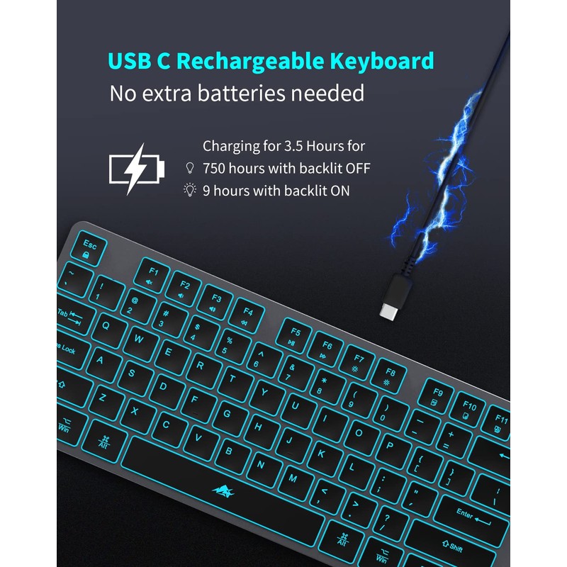 Wireless Backlit Keyboard, Rechargeable USB Silent Keyboard, 2.4G Cordless Full