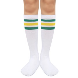 Henwarry Kids Toddler Soccer Socks Classical Stripes Cotton Soft Over the Calf Tube Socks for Boys Girls, A15-green/Yellow/White, One size