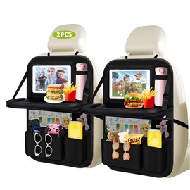 AIUSLN 2 Pc Car Backseat Organizer with Foldable Food Tray,9+1 Storage Pockets with Tablet Holder &Cup Holder,Waterproof Kick Mats Backseat Protector Multipurpose Car organizers Road Trip Accessories
